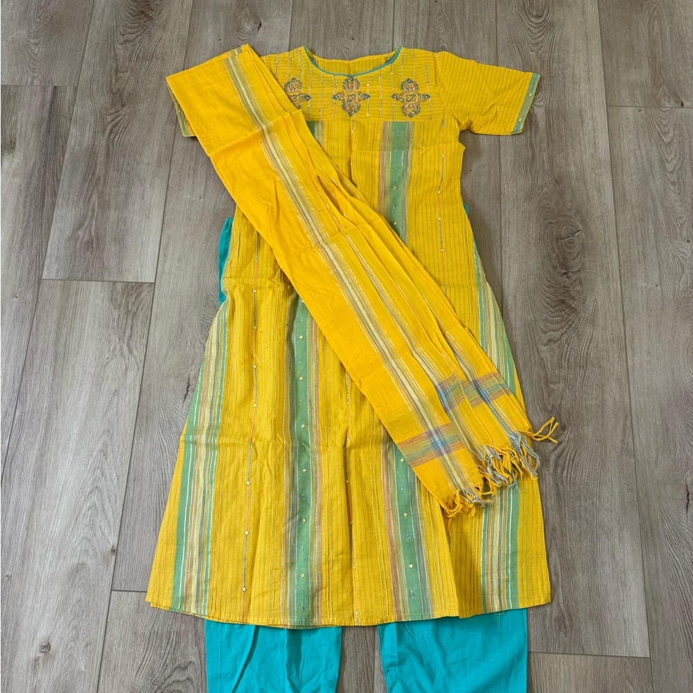 Yellow and Teal Embroidered Salwar Kameez 3 piece